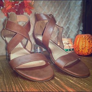 Tan strappy Sandals with a low wedge